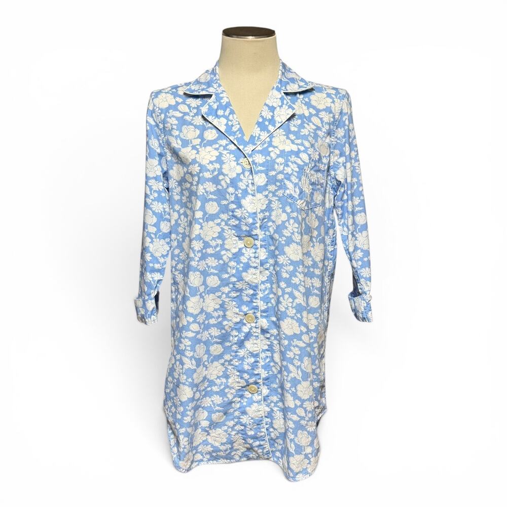 Lauren Ralph‎ Lauren Cotton Button Up Night Shirt Sleep Blue White Floral Medium